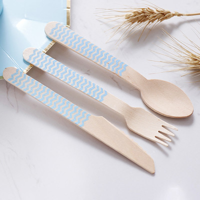 Eco Friendly Blue Stripe Compostable Cutlery Wooden Tableware Party Utensils